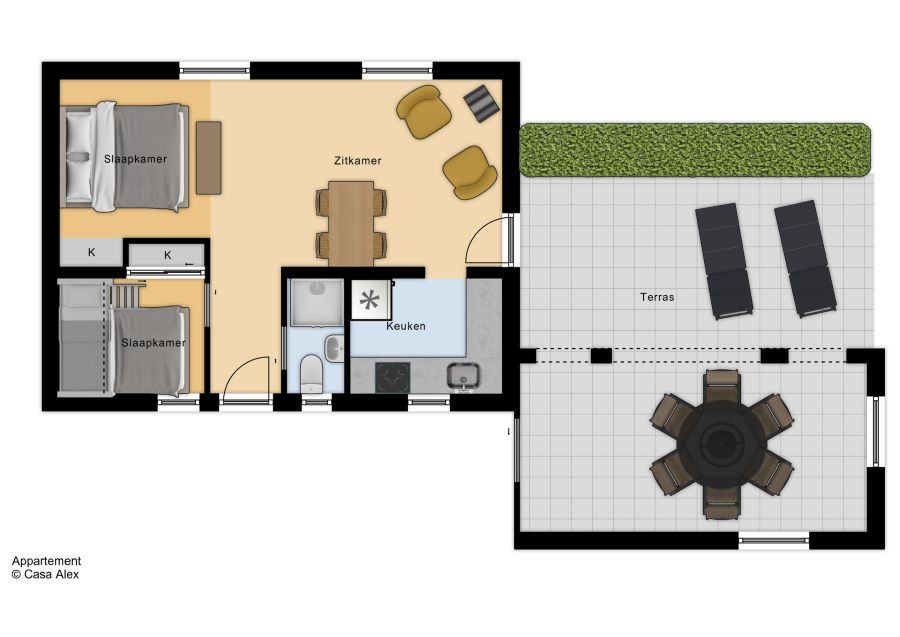Plattegrond bovenappartement Finca Vellie: 40 m² met twee slaapkamers, badkamer, keuken en terras