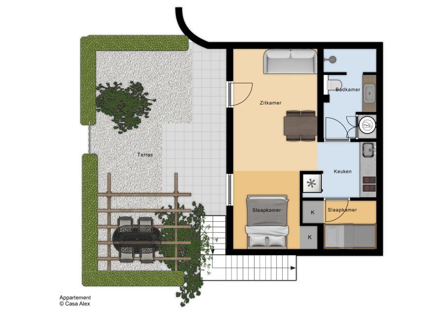 Plattegrond onderappartement Finca Vellie: 40 m² met twee slaapkamers, badkamer, keuken en eigen terras